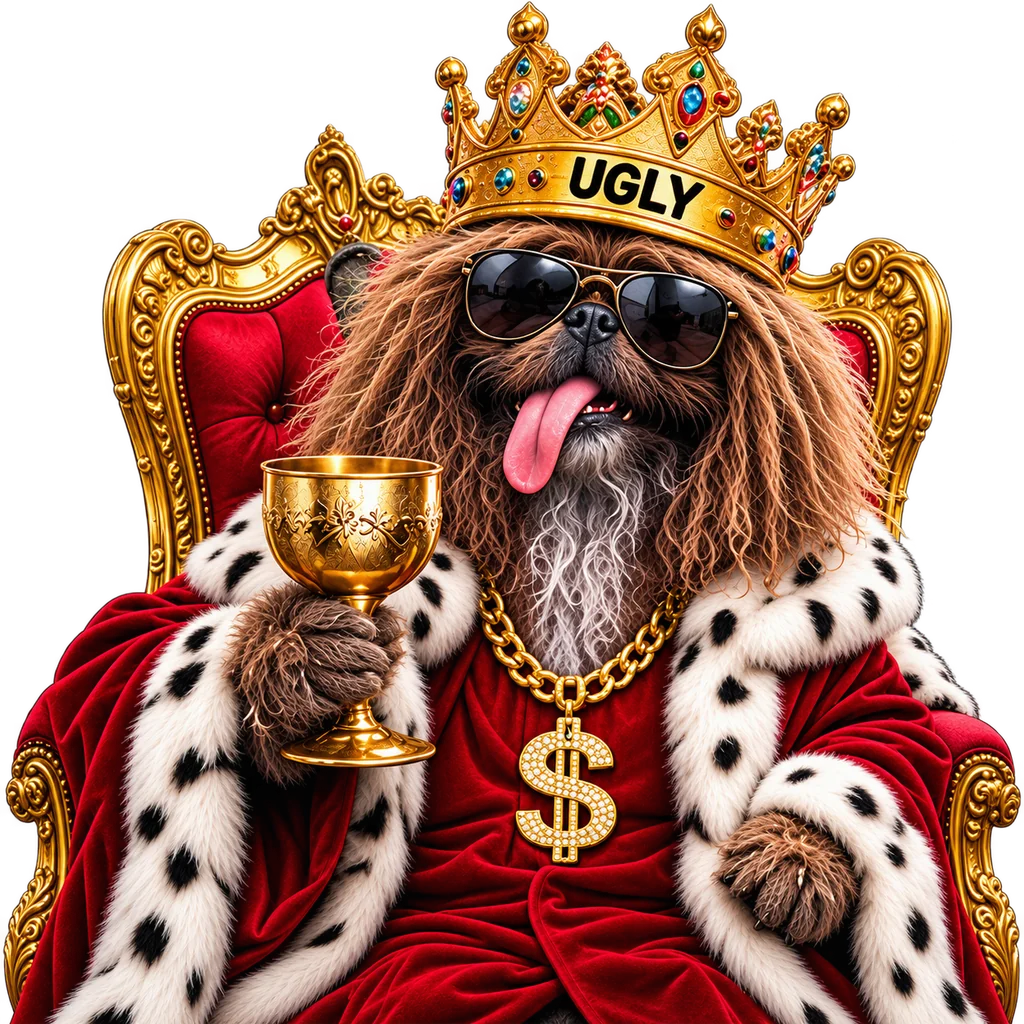 UGLY the dog on a golden throne, wearing a crown and a fur robe, tongue out, holding a gold cup