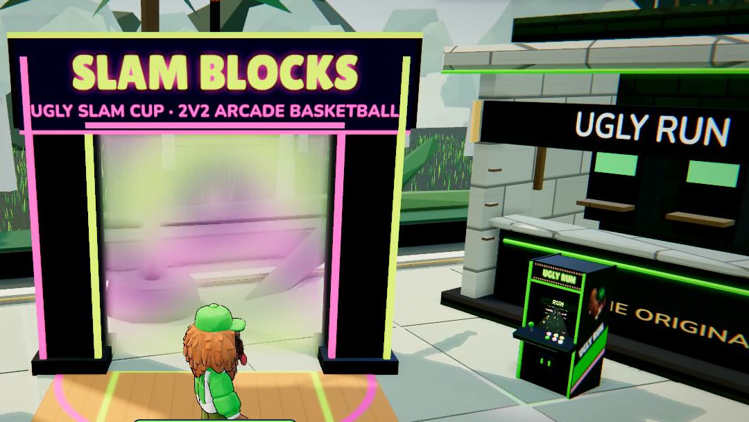 The UGLY plaza on GrowBlocks: the SLAM BLOCKS gate next to the UGLY RUN arcade