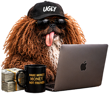 UGLY at a laptop with a mug that says Make money, not friends