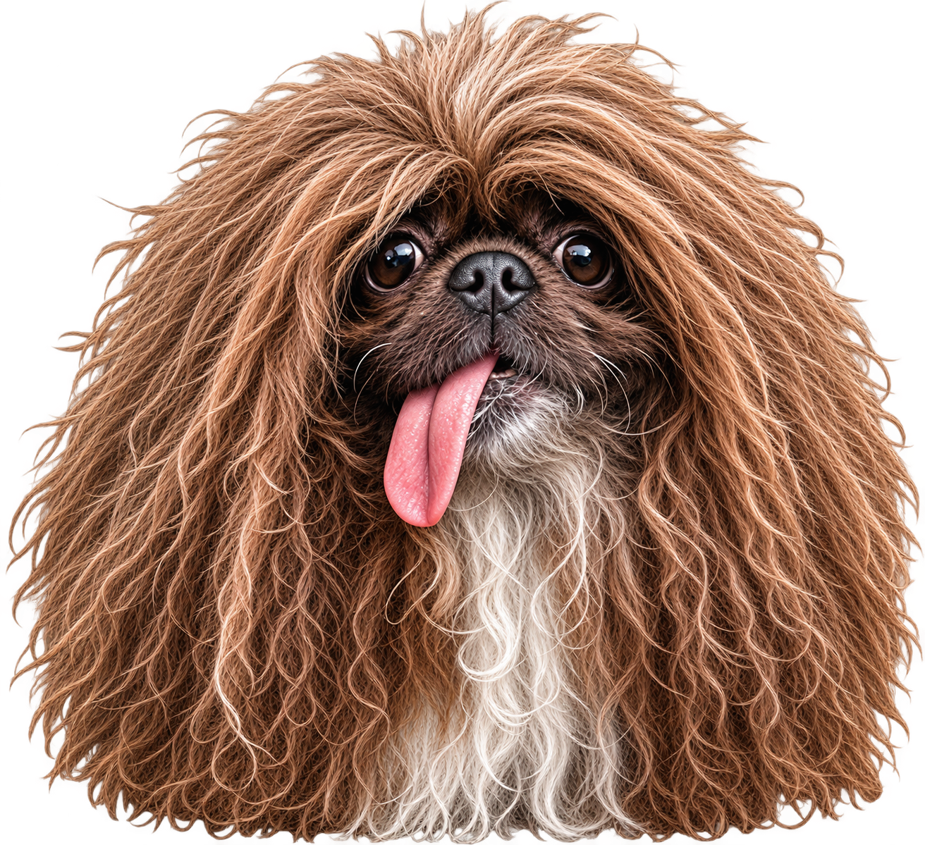 UGLY with wild frizzy hair, big eyes and his tongue out